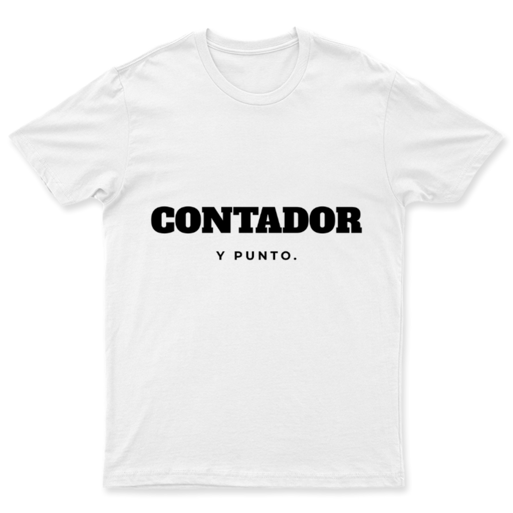 Playera Contador, y punto. en color Blanco, estampado DTG al frente