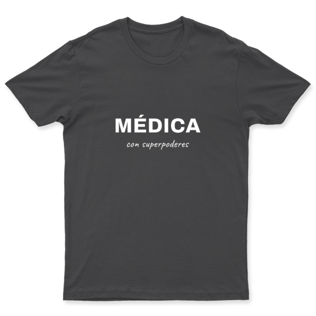 Playera Médica con superpoderes en color Carbón, estampado DTG al frente