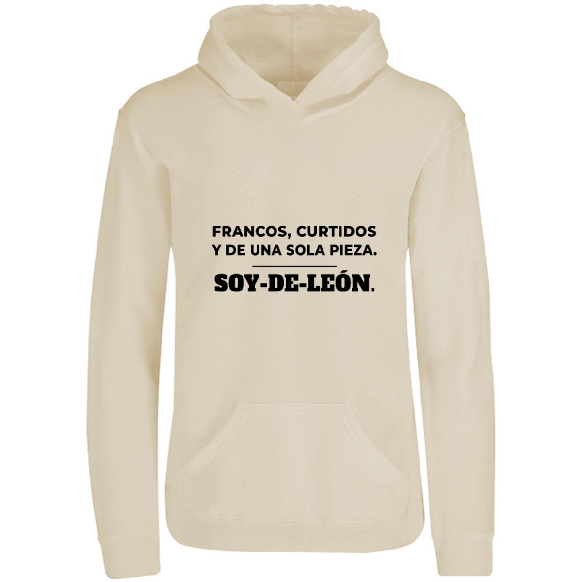 Sudadera con capucha Francos y curtidos de León en color Arena, estampado DTG al frente