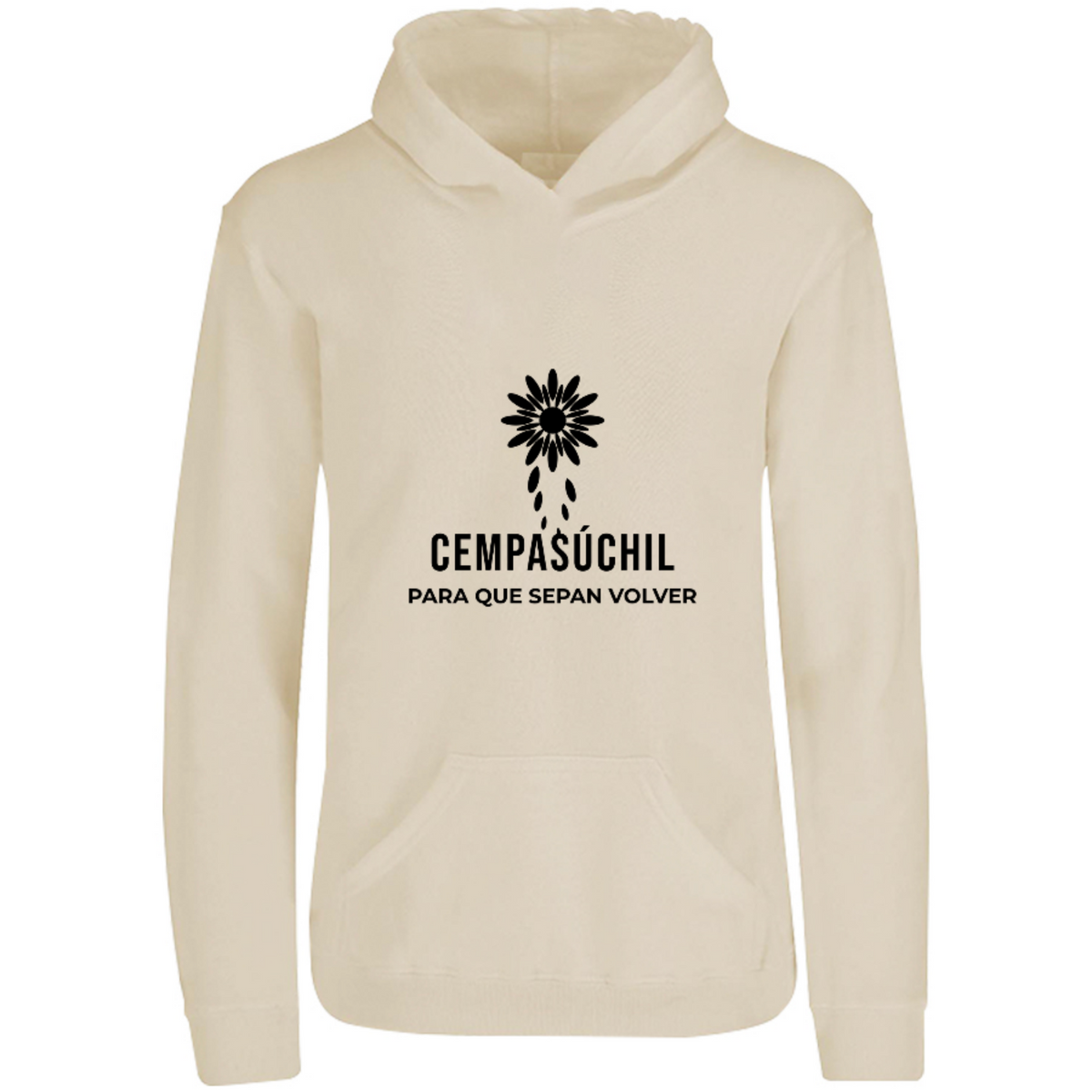 Sudadera con capucha Cempasúchil en color Arena, estampado DTG al frente