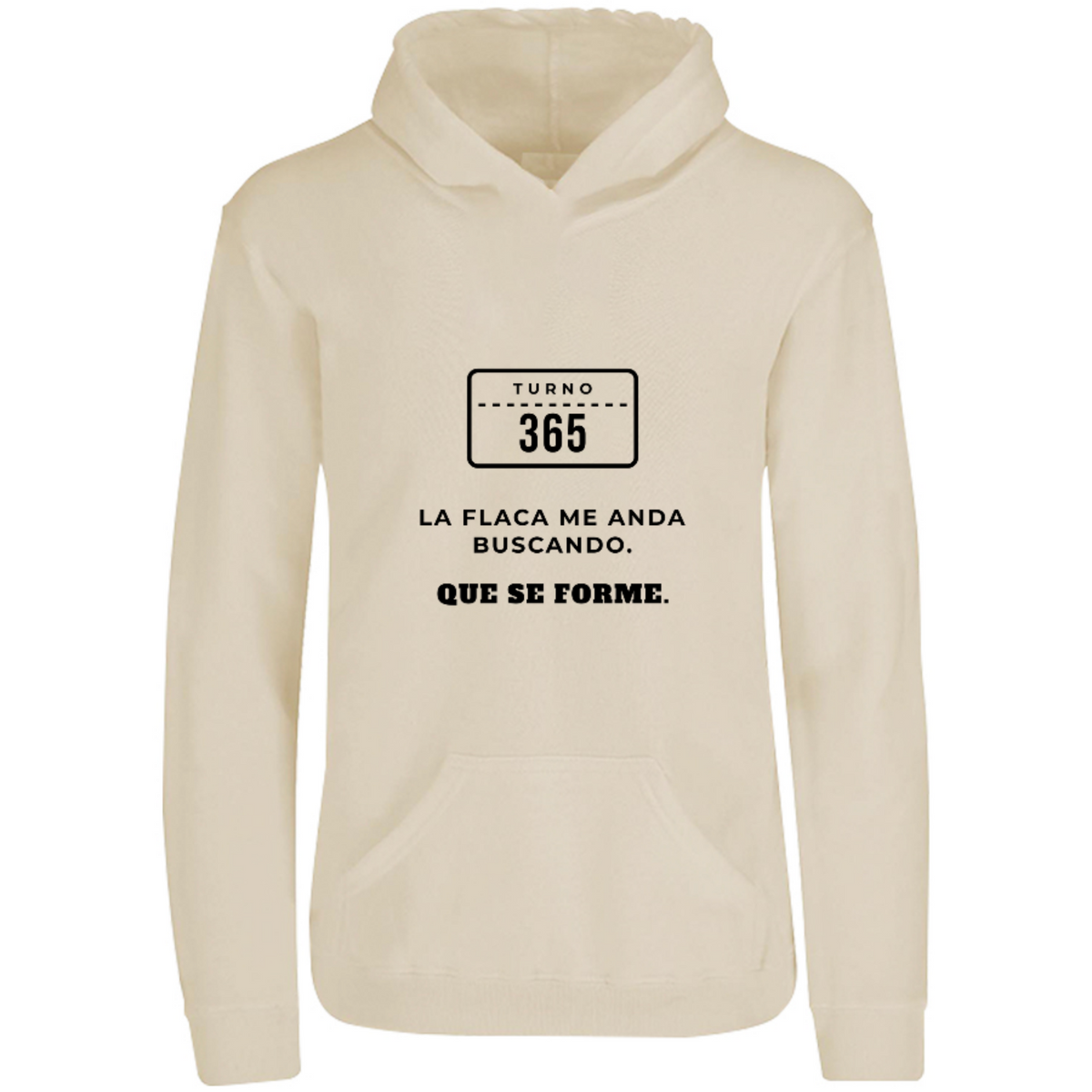 Sudadera con capucha La flaca me anda buscando en color Arena, estampado DTG al frente