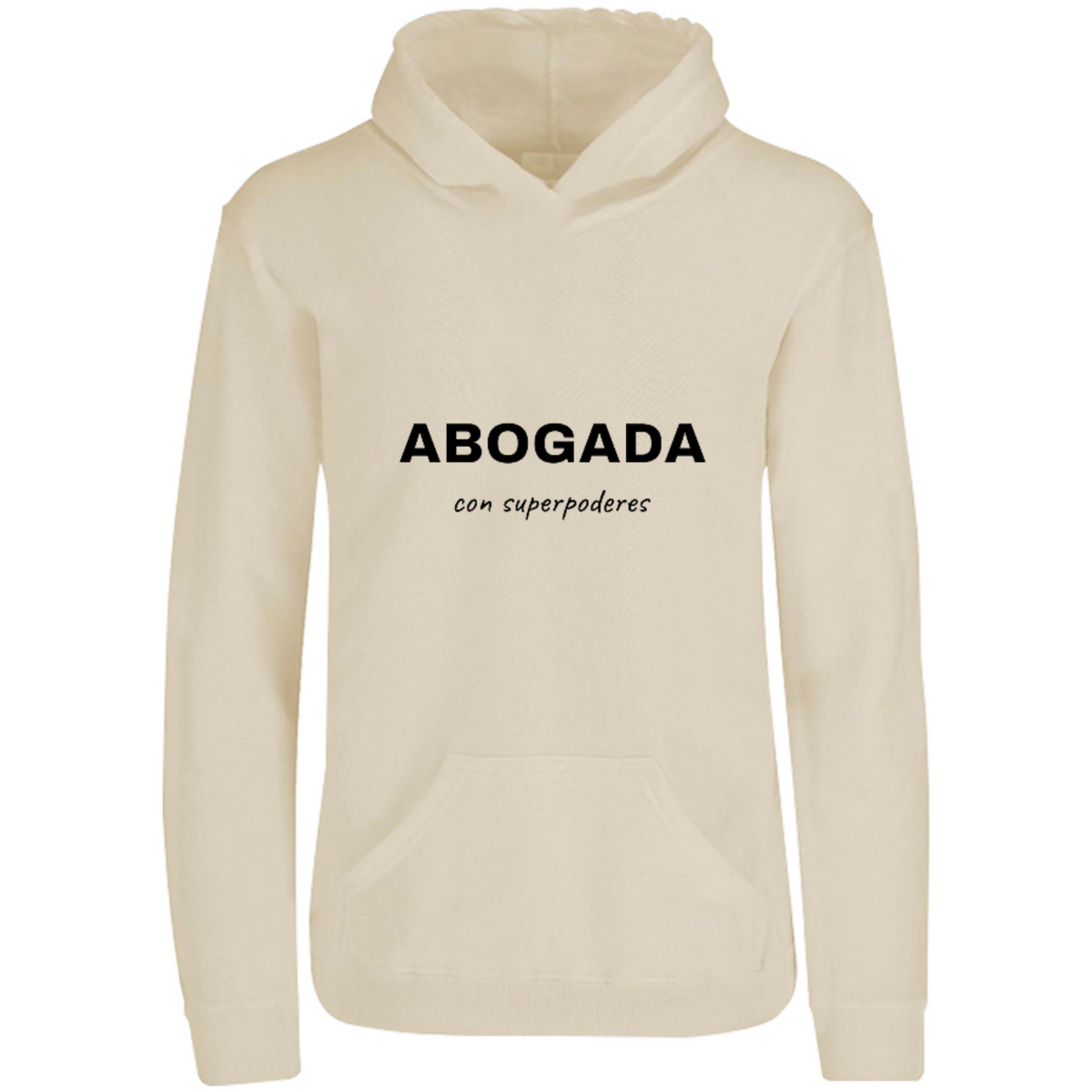 Sudadera con capucha Abogada con superpoderes en color Arena, estampado DTG al frente