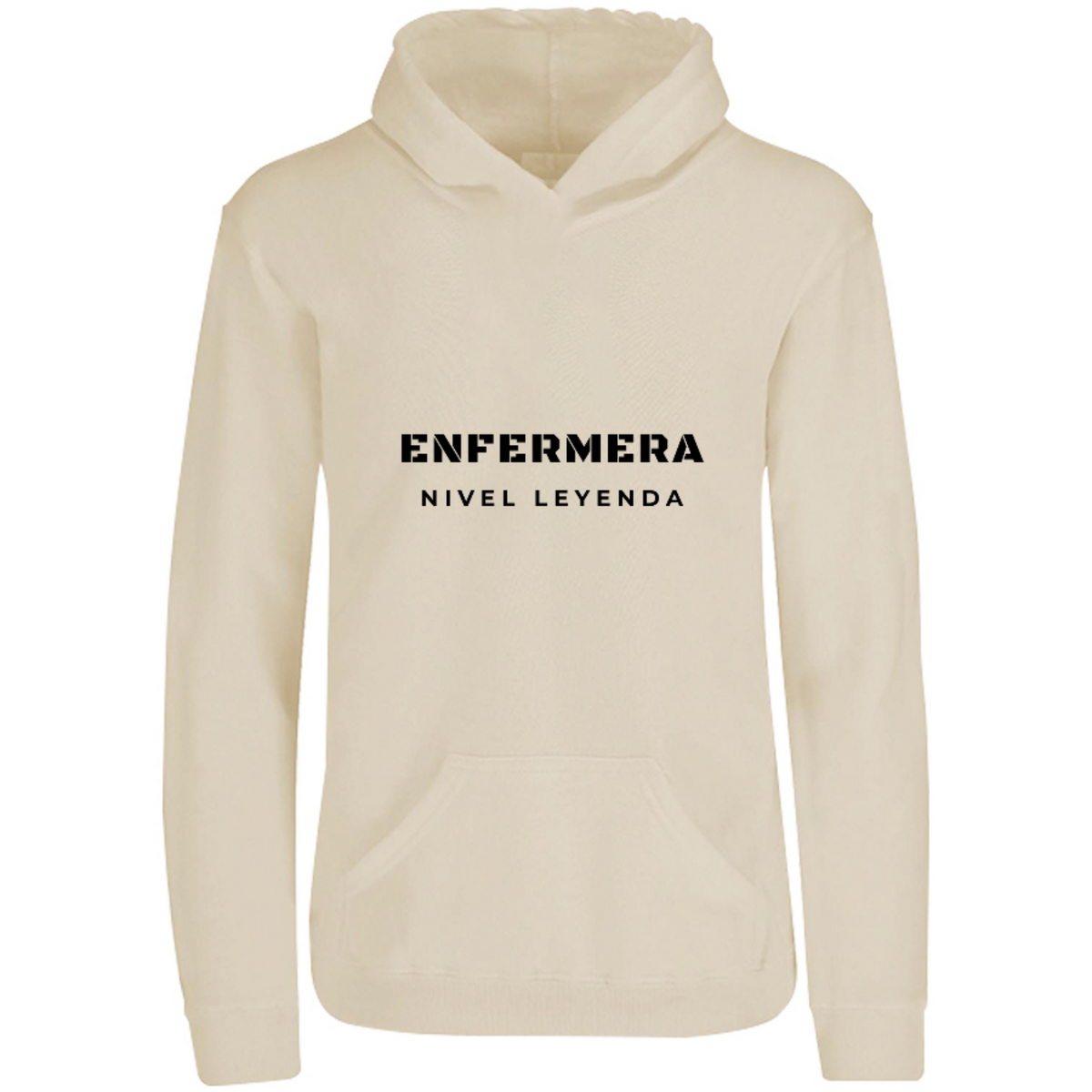 Sudadera con capucha Enfermera Nivel Leyenda en color Arena, estampado DTG al frente