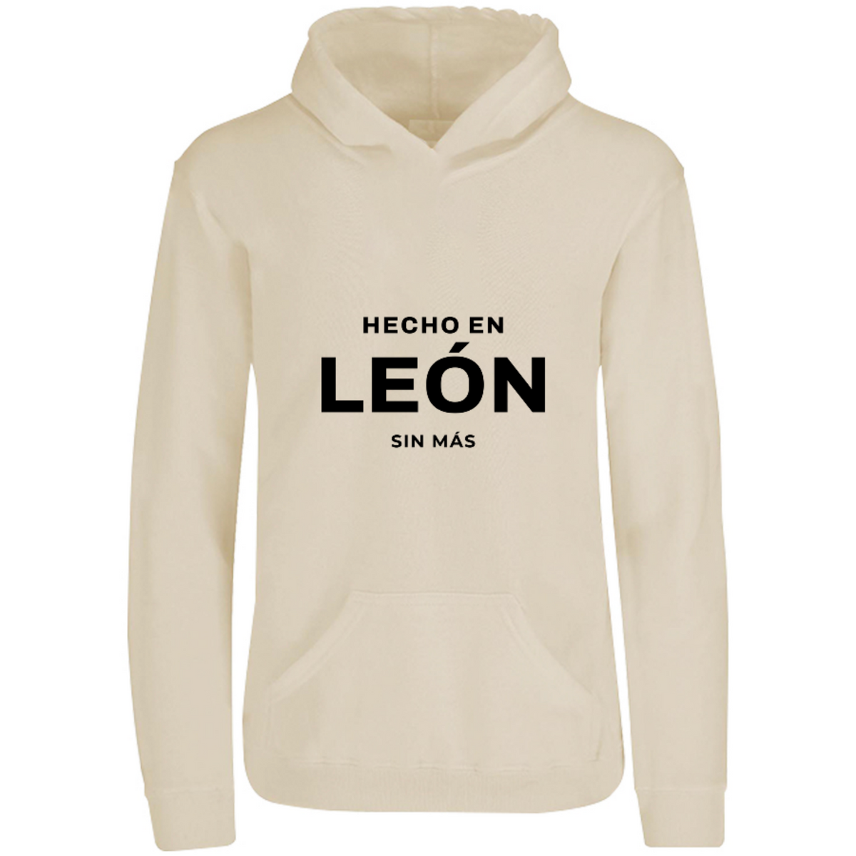 Sudadera con capucha Hecho en León en color Arena, estampado DTG al frente