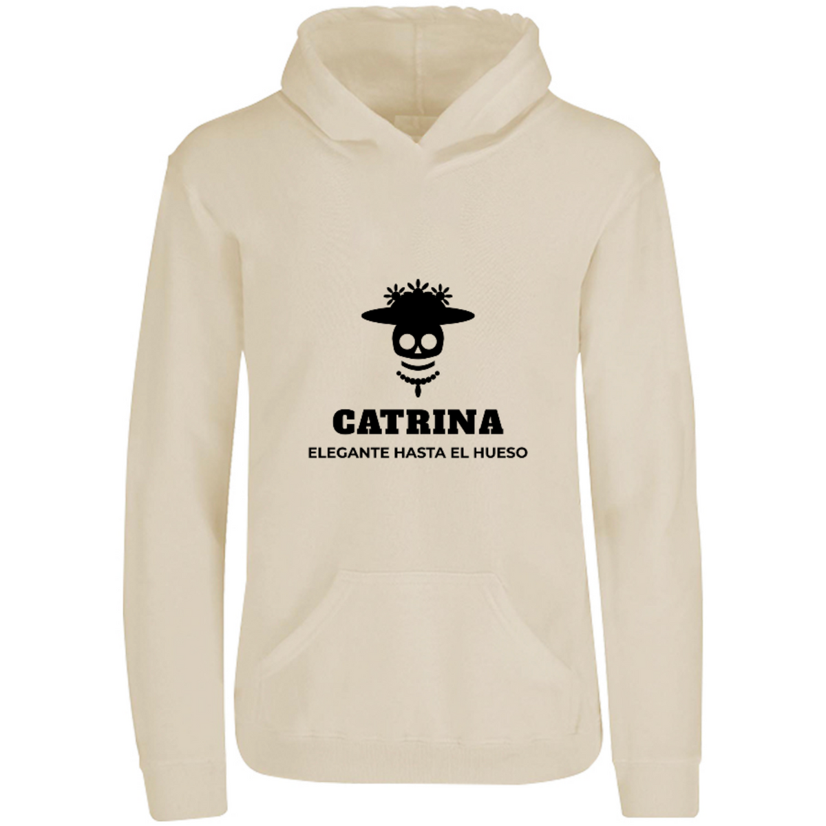 Sudadera con capucha Catrina en color Arena, estampado DTG al frente