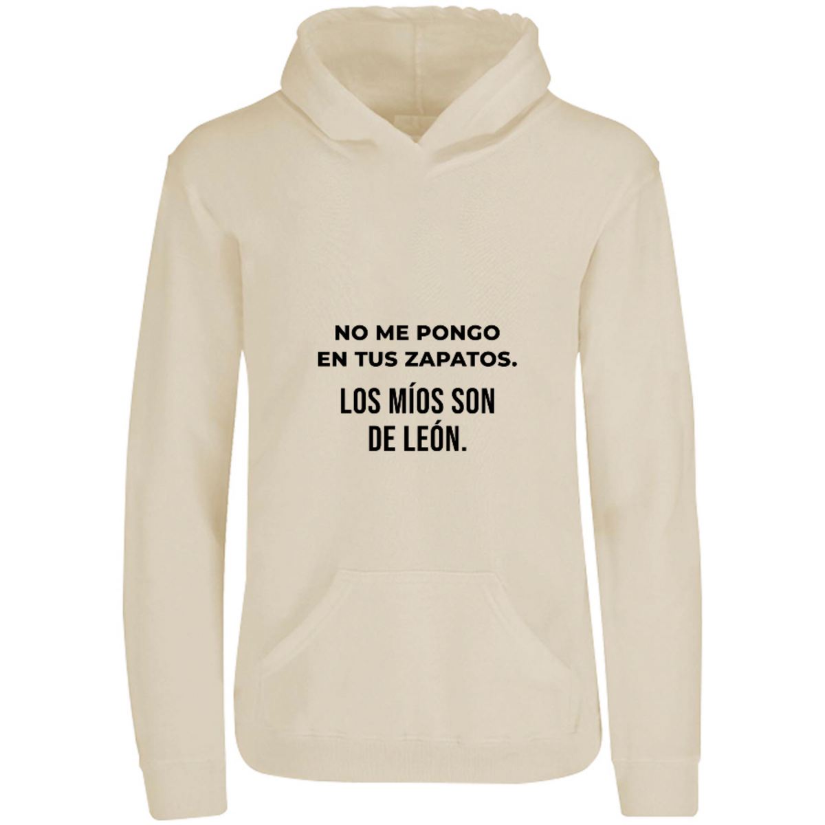 Sudadera con capucha Mis zapatos son de León en color Arena, estampado DTG al frente
