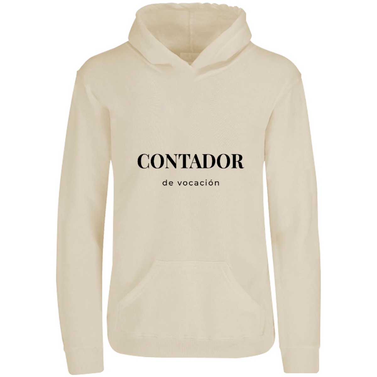 Sudadera con capucha Contador de vocación en color Arena, estampado DTG al frente