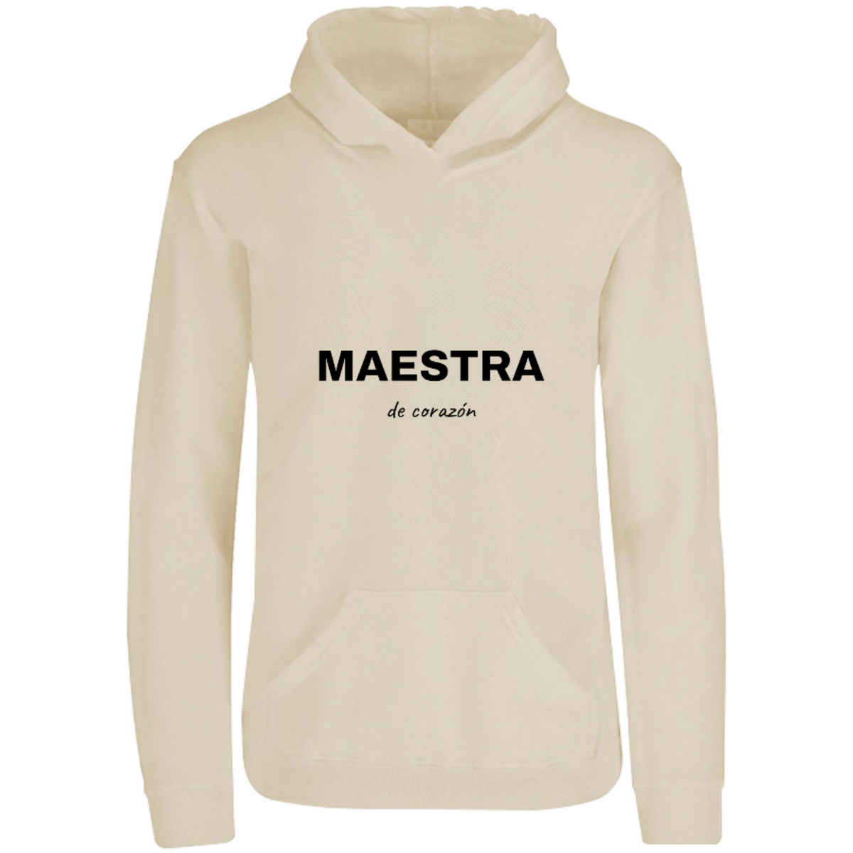 Sudadera con capucha Maestra de corazón en color Arena, estampado DTG al frente