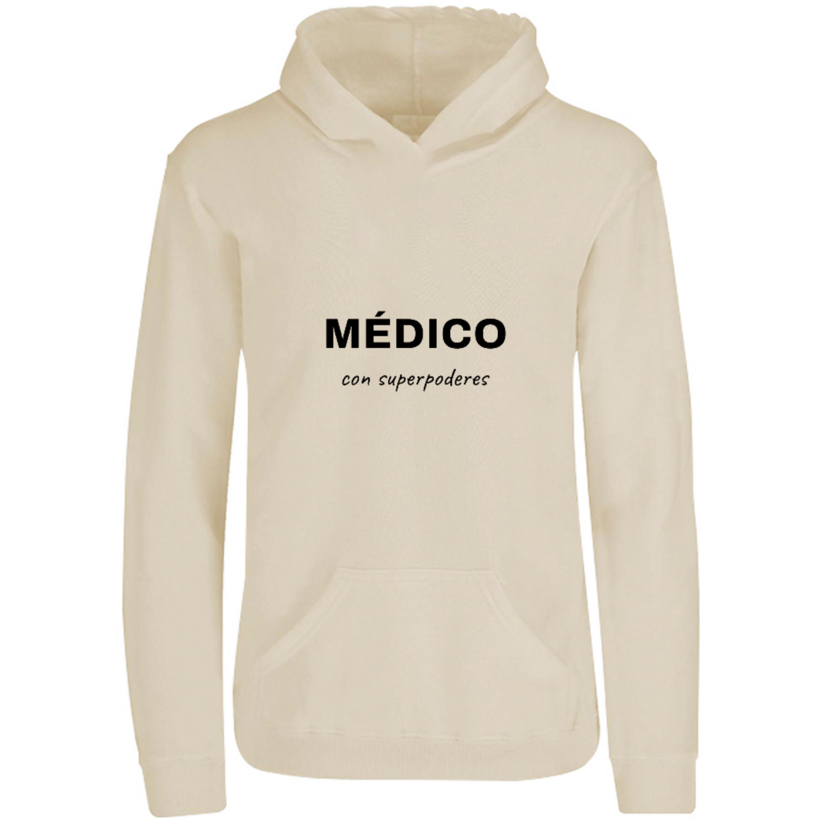 Sudadera con capucha Médico con superpoderes en color Arena, estampado DTG al frente