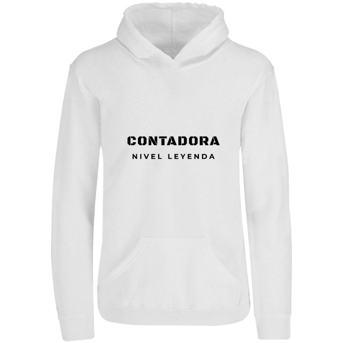 Sudadera con capucha Contadora Nivel Leyenda en color Blanco, estampado DTG al frente