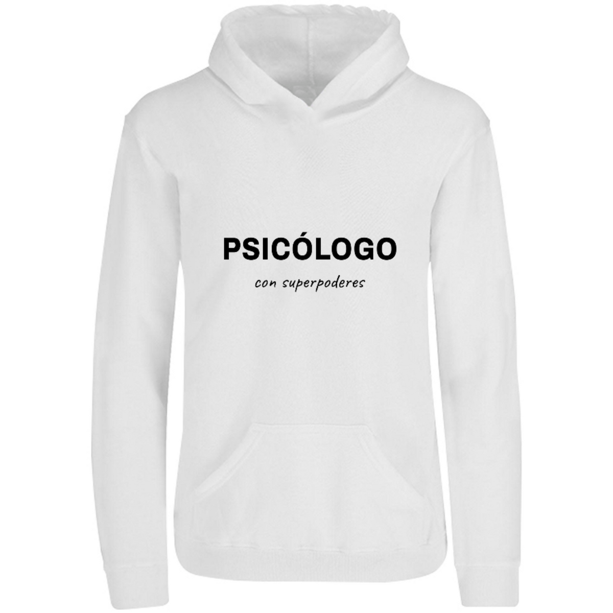 Sudadera con capucha Psicólogo con superpoderes en color Blanco, estampado DTG al frente