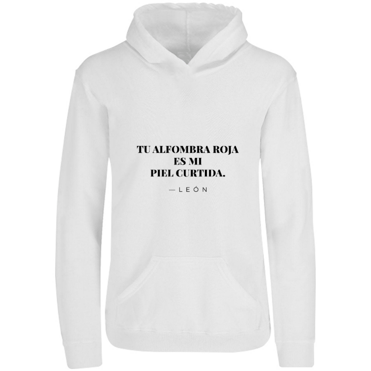 Sudadera con capucha Alfombra roja leonesa en color Blanco, estampado DTG al frente