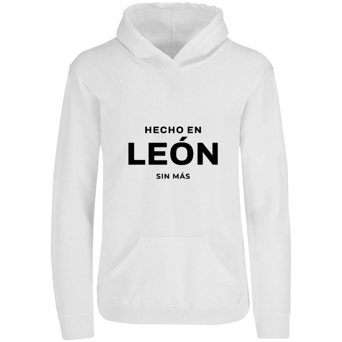 Sudadera con capucha Hecho en León en color Blanco, estampado DTG al frente