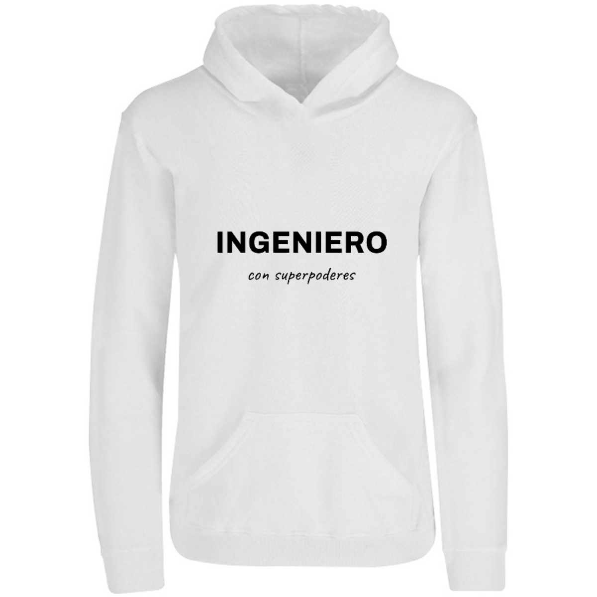 Sudadera con capucha Ingeniero con superpoderes en color Blanco, estampado DTG al frente
