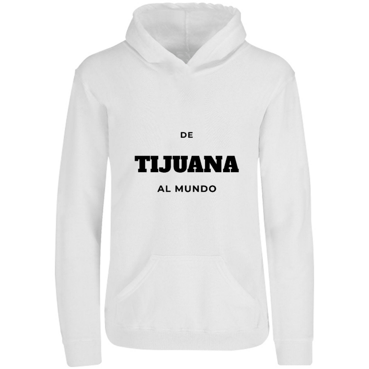 Sudadera con capucha De Tijuana al mundo en color Blanco, estampado DTG al frente