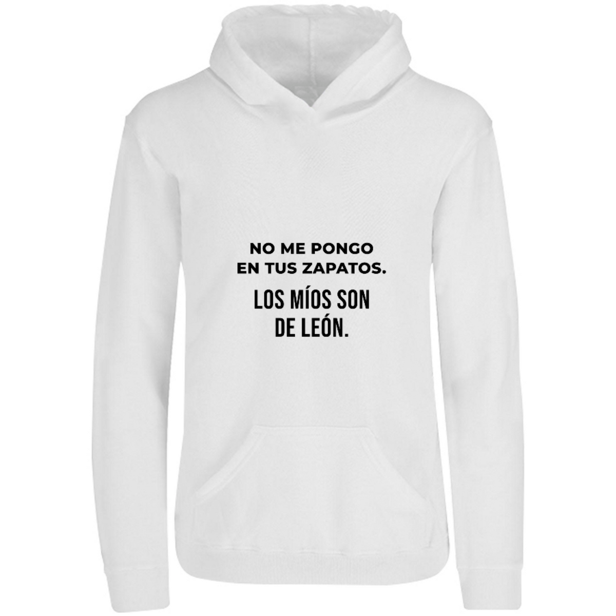 Sudadera con capucha Mis zapatos son de León en color Blanco, estampado DTG al frente