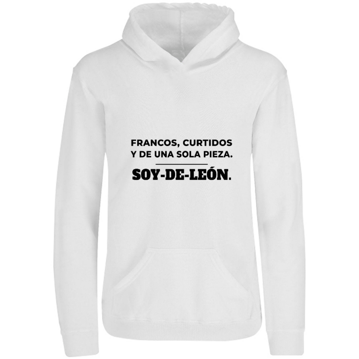 Sudadera con capucha Francos y curtidos de León en color Blanco, estampado DTG al frente