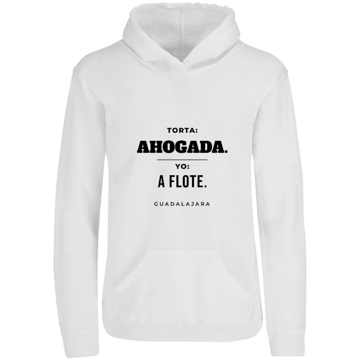 Sudadera con capucha Torta ahogada yo a flote en color Blanco, estampado DTG al frente