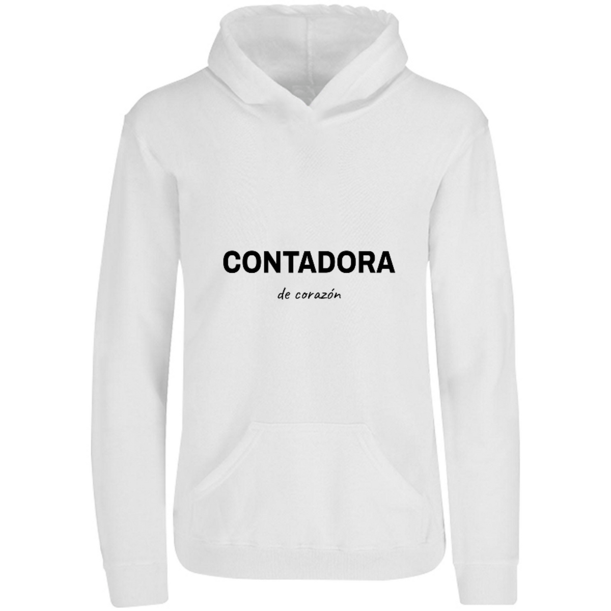 Sudadera con capucha Contadora de corazón en color Blanco, estampado DTG al frente