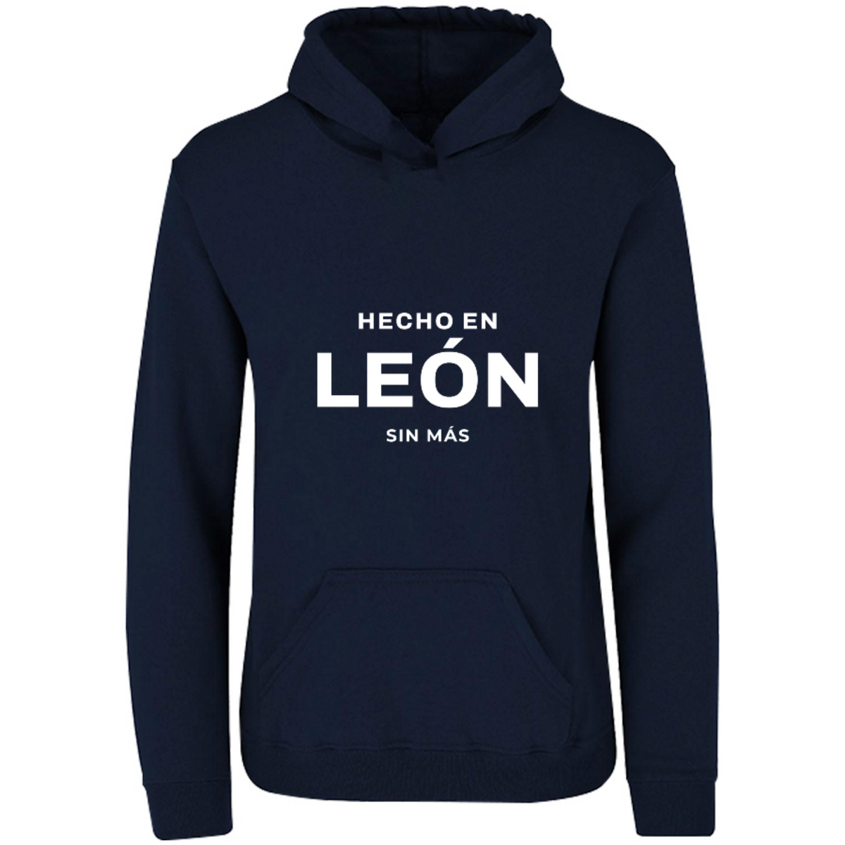 Sudadera con capucha Hecho en León en color Marino, estampado DTG al frente