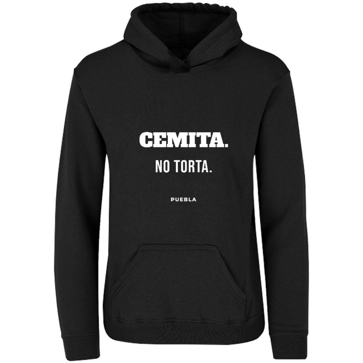 Sudadera con capucha Cemita. No torta. en color Negro, estampado DTG al frente