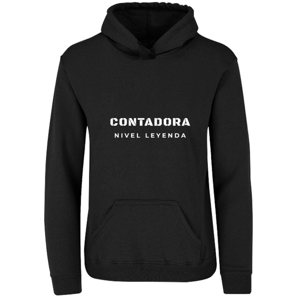 Sudadera con capucha Contadora Nivel Leyenda en color Negro, estampado DTG al frente