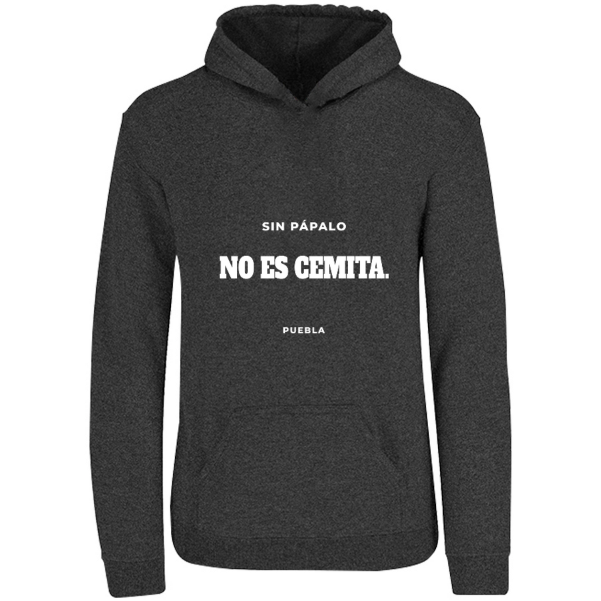 Sudadera con capucha Sin pápalo no es cemita en color Negro Jaspeado, estampado DTG al frente