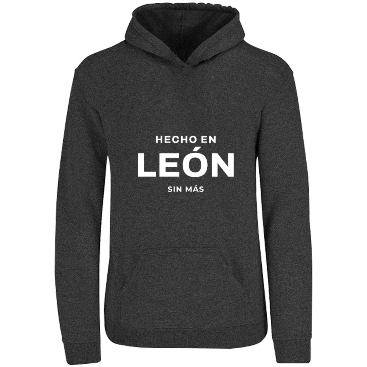 Sudadera con capucha Hecho en León en color Negro Jaspeado, estampado DTG al frente