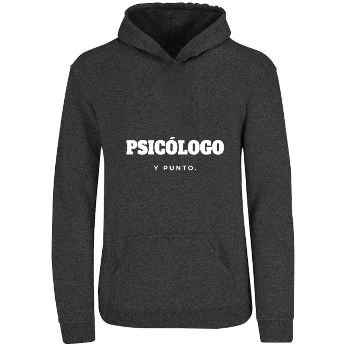 Sudadera con capucha Psicólogo, y punto. en color Negro Jaspeado, estampado DTG al frente
