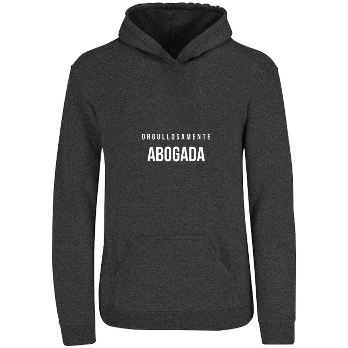Sudadera con capucha Orgullosamente Abogada en color Negro Jaspeado, estampado DTG al frente