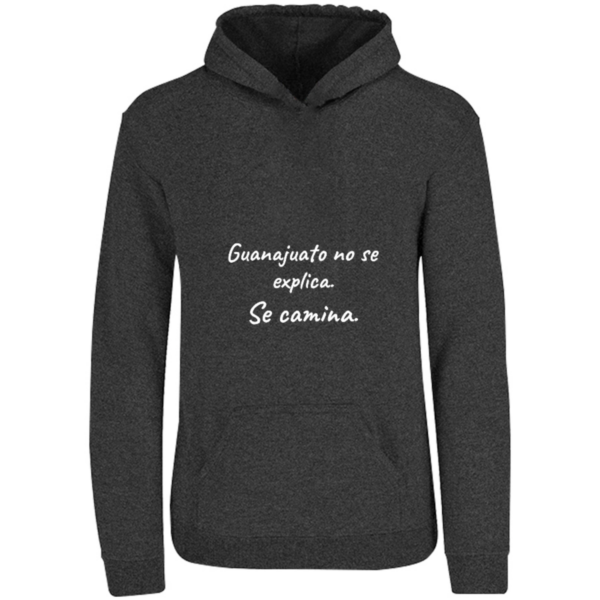 Sudadera con capucha Guanajuato se camina en color Negro Jaspeado, estampado DTG al frente