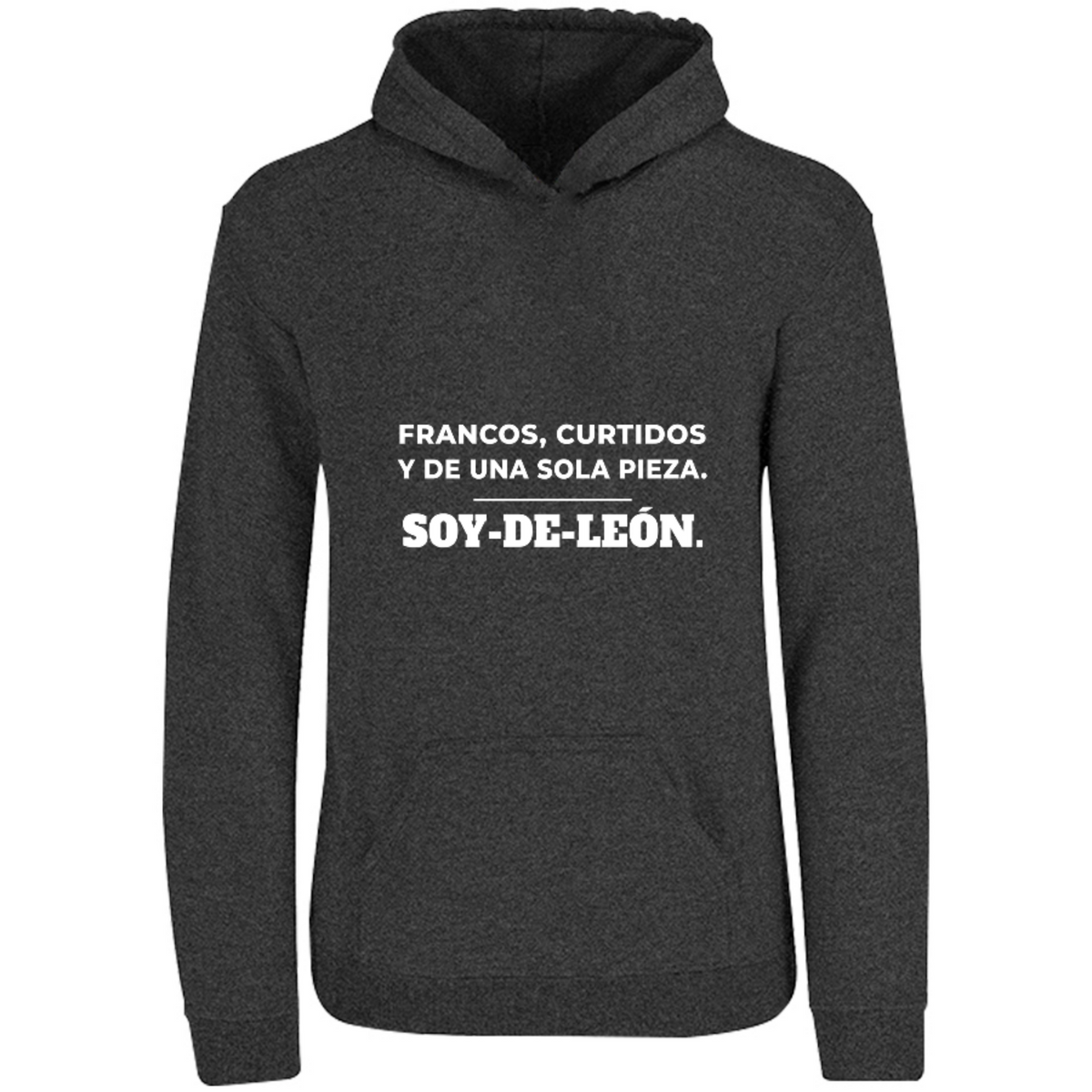 Sudadera con capucha Francos y curtidos de León en color Negro Jaspeado, estampado DTG al frente