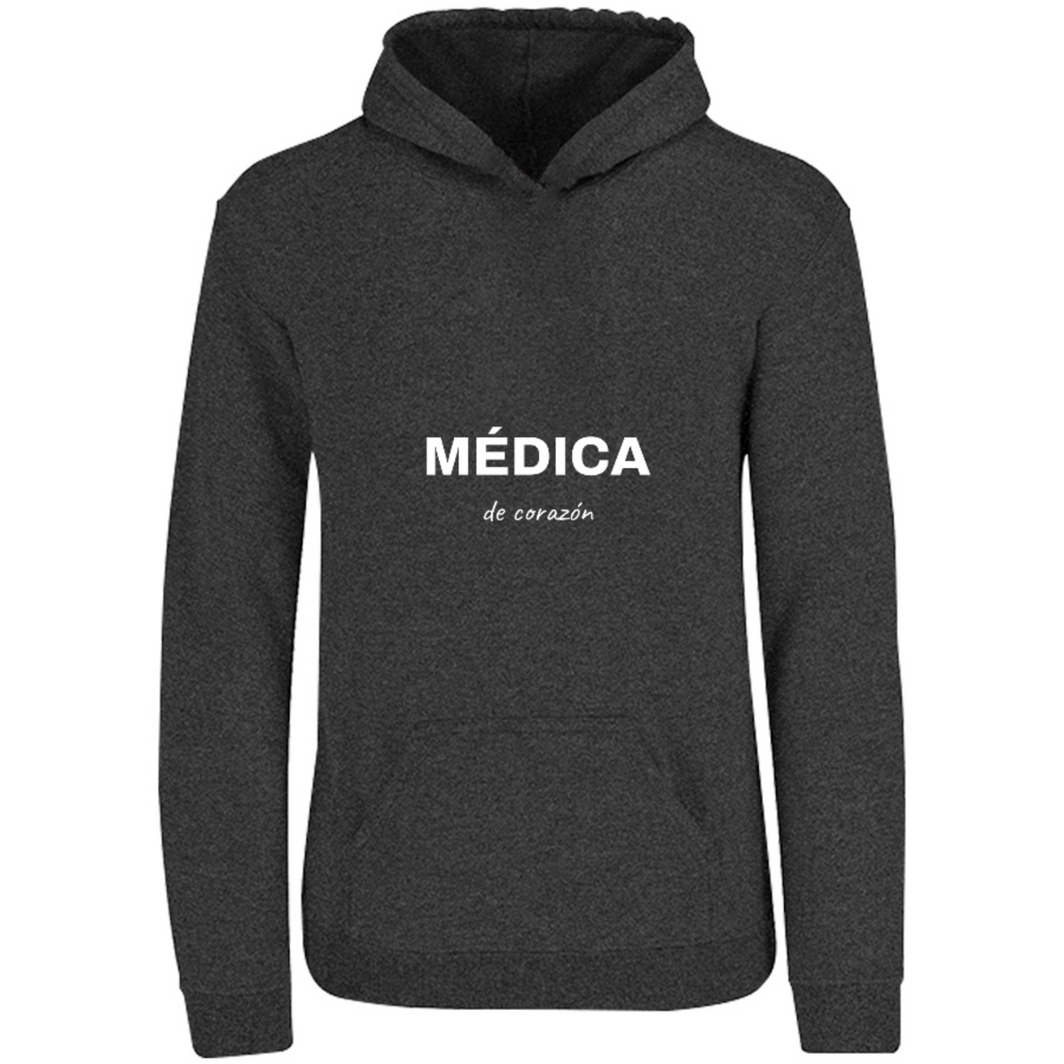 Sudadera con capucha Médica de corazón en color Negro Jaspeado, estampado DTG al frente