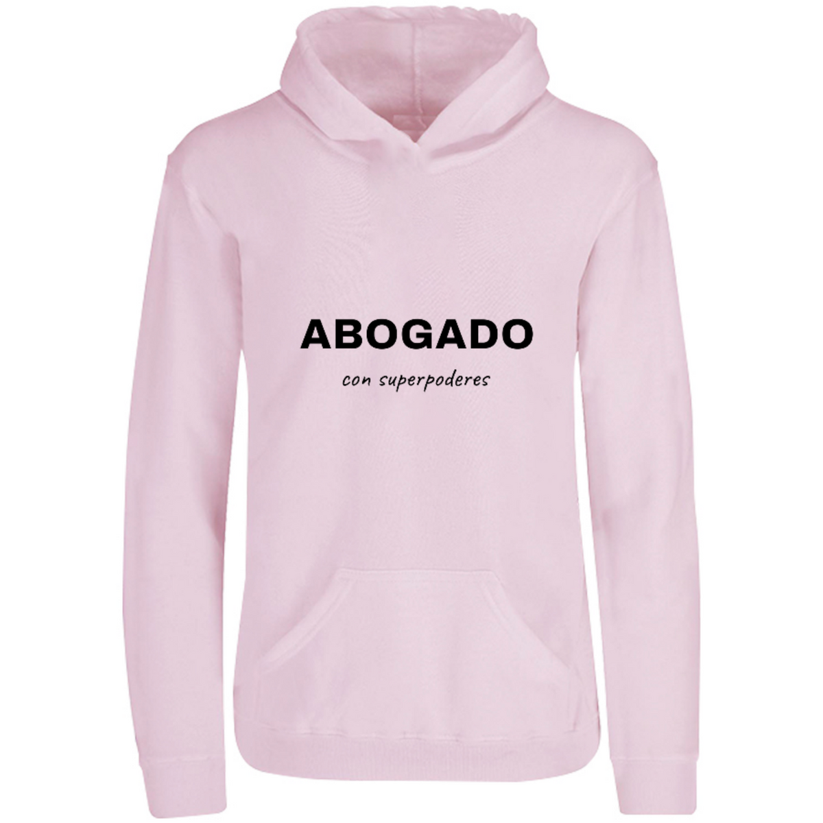 Sudadera con capucha Abogado con superpoderes en color Rosa Pastel, estampado DTG al frente