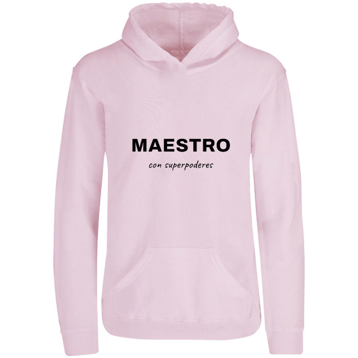Sudadera con capucha Maestro con superpoderes en color Rosa Pastel, estampado DTG al frente