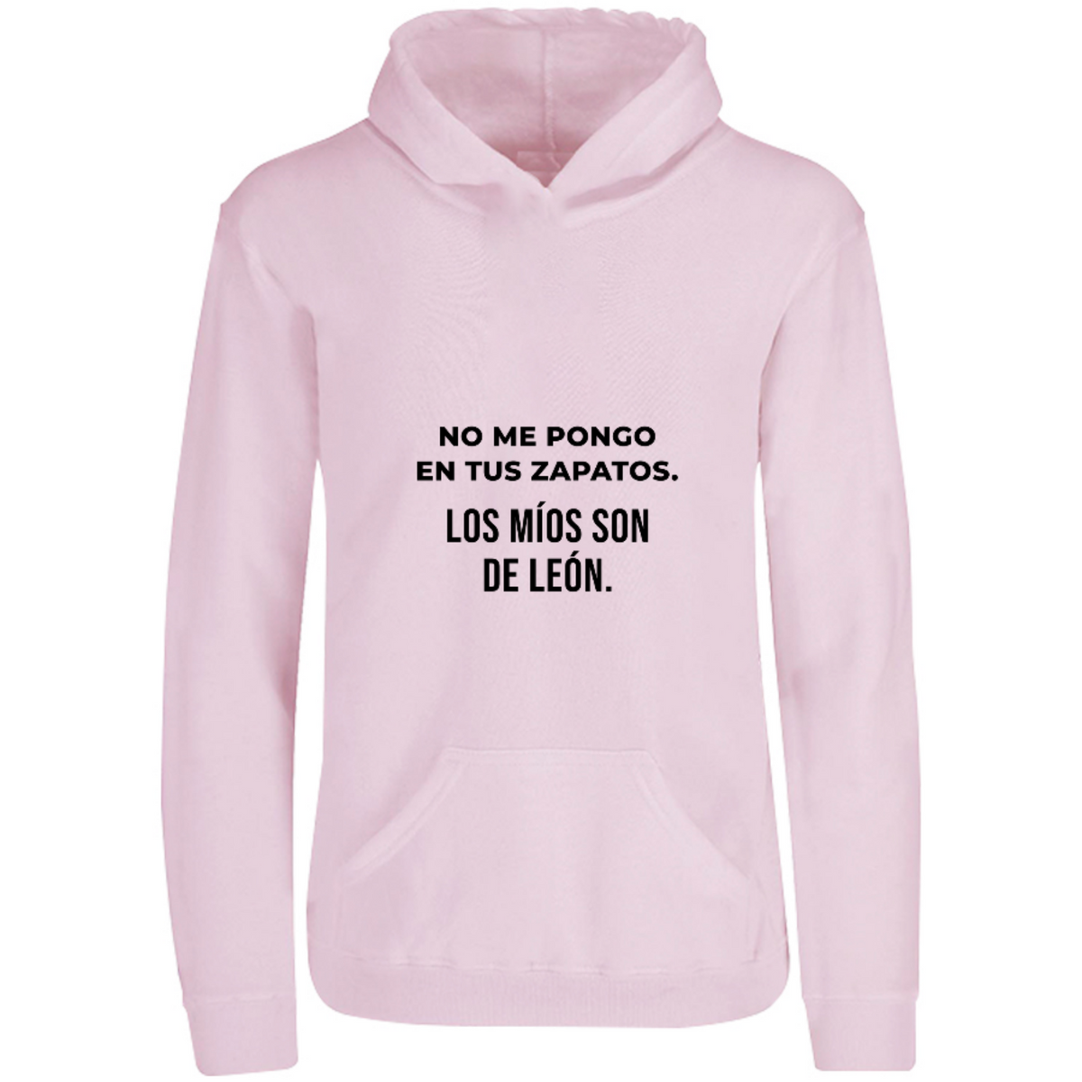 Sudadera con capucha Mis zapatos son de León en color Rosa Pastel, estampado DTG al frente