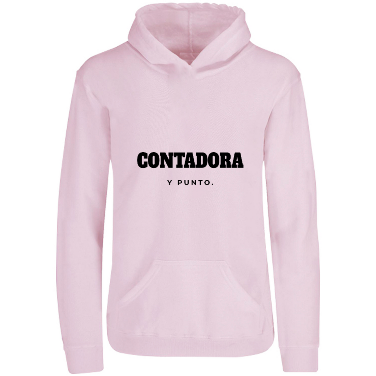 Sudadera con capucha Contadora, y punto. en color Rosa Pastel, estampado DTG al frente