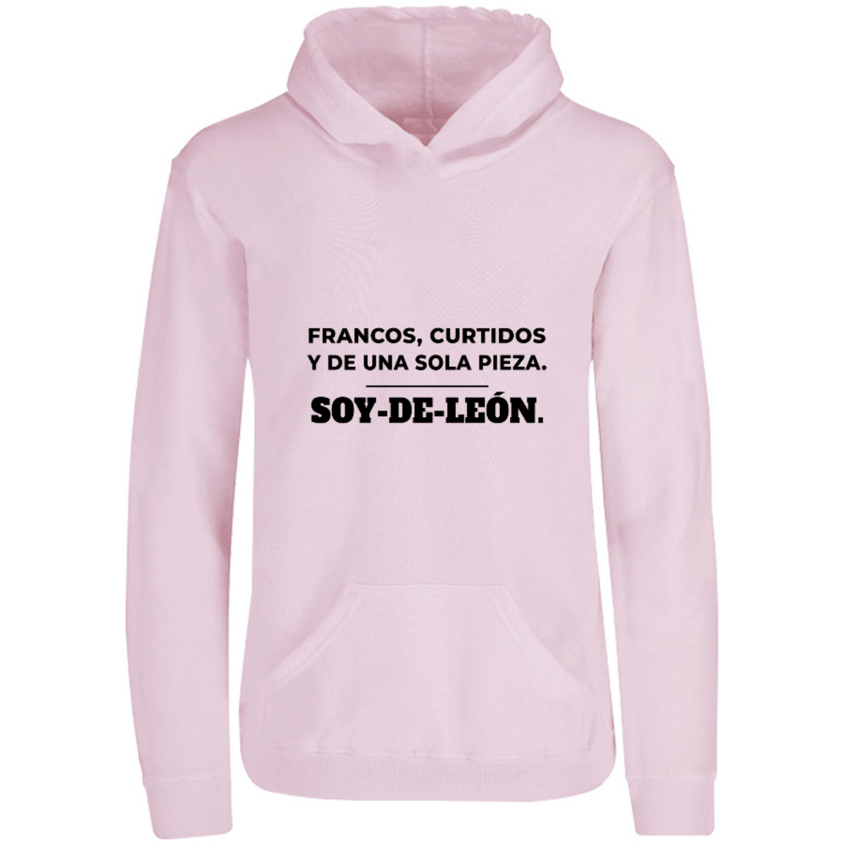 Sudadera con capucha Francos y curtidos de León en color Rosa Pastel, estampado DTG al frente