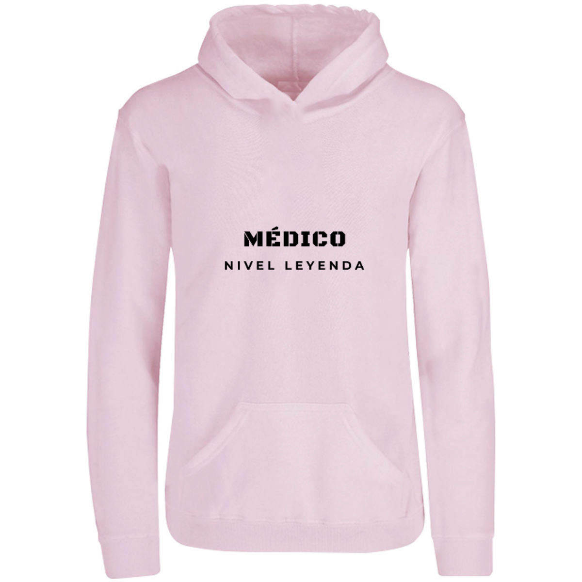 Sudadera con capucha Médico Nivel Leyenda en color Rosa Pastel, estampado DTG al frente