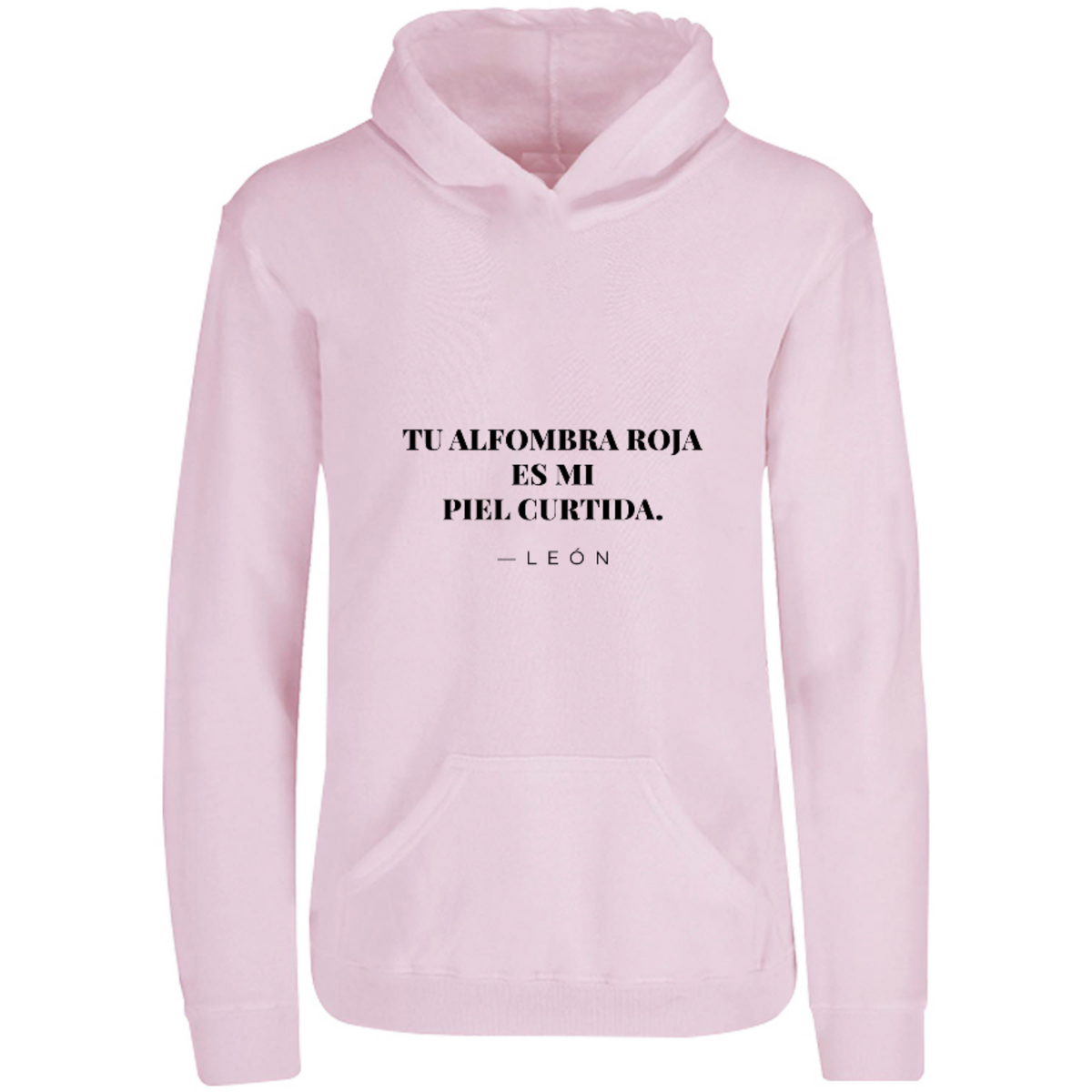 Sudadera con capucha Alfombra roja leonesa en color Rosa Pastel, estampado DTG al frente