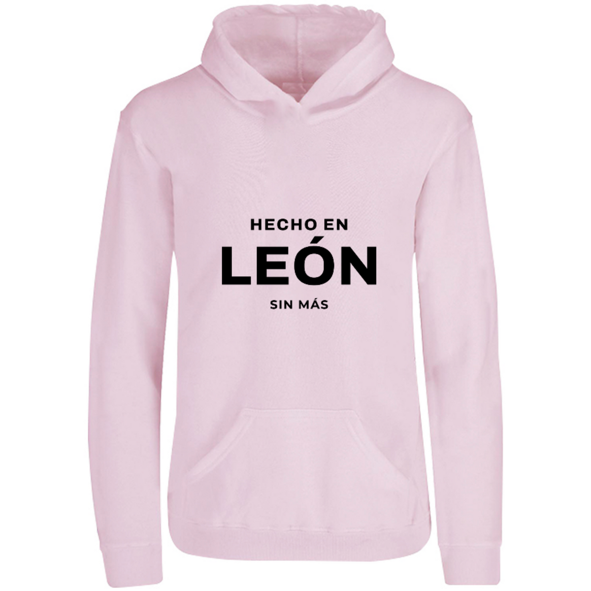 Sudadera con capucha Hecho en León en color Rosa Pastel, estampado DTG al frente