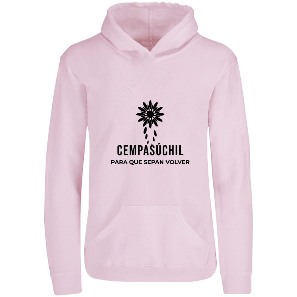 Sudadera con capucha Cempasúchil en color Rosa Pastel, estampado DTG al frente