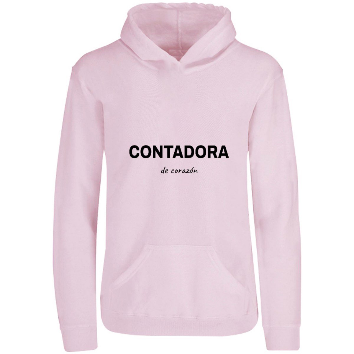 Sudadera con capucha Contadora de corazón en color Rosa Pastel, estampado DTG al frente