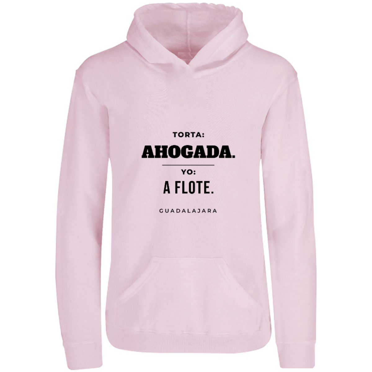 Sudadera con capucha Torta ahogada yo a flote en color Rosa Pastel, estampado DTG al frente